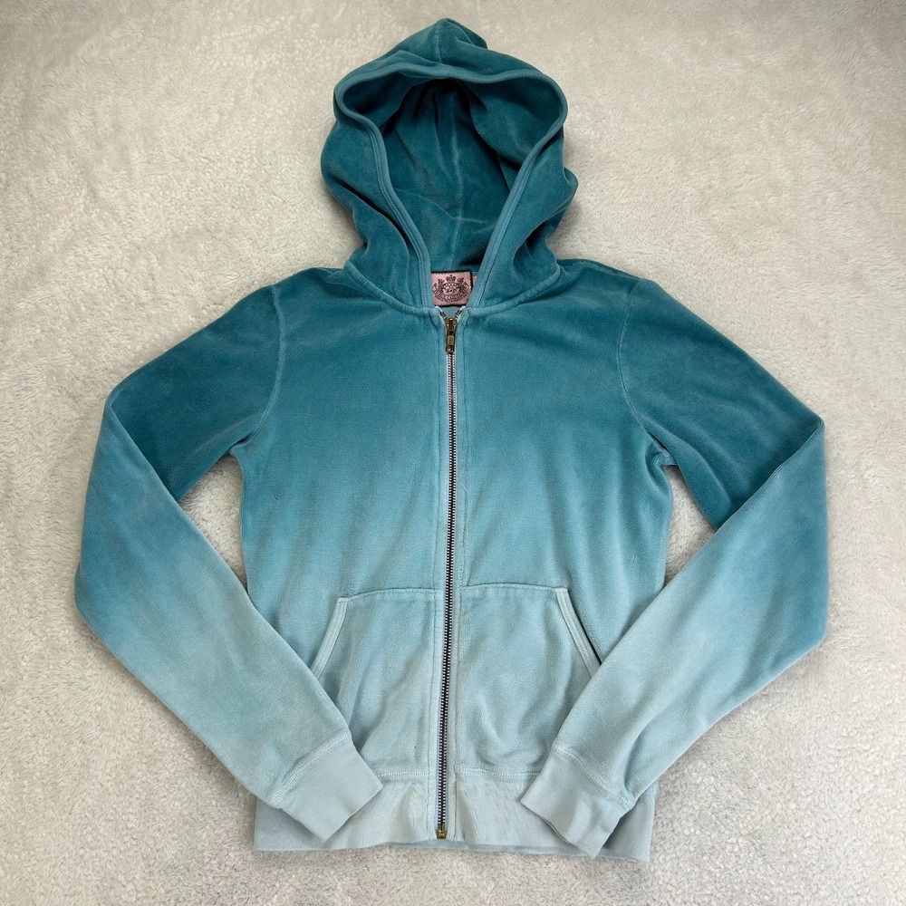Juicy Couture Zip-Up Hoodie Womens S Teal White Ombre Velour Y2K Outdoor "Read"